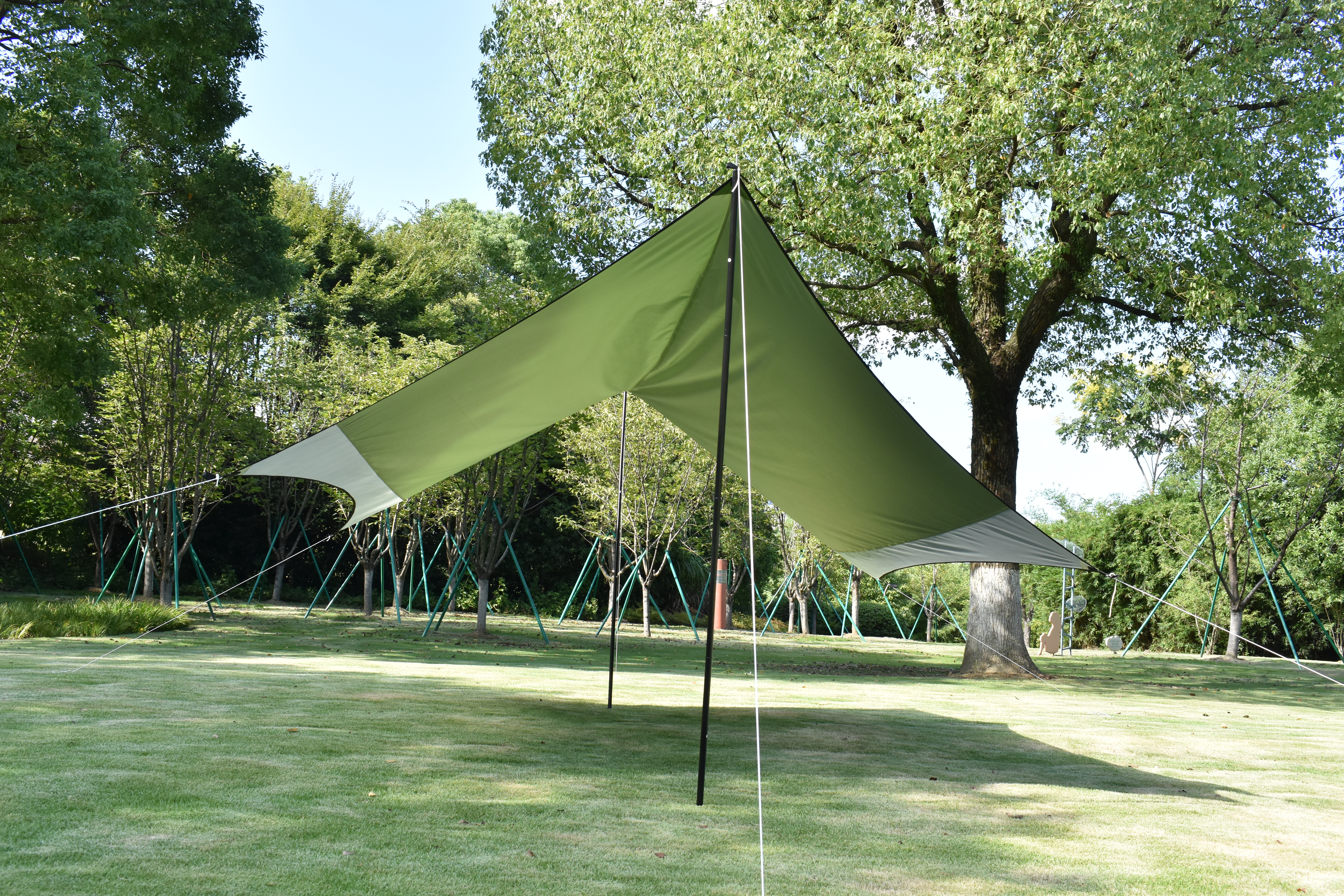Großes grünes Tarp gespannt über eine Wiese im Park, umgeben von Bäumen und blauen Himmel.