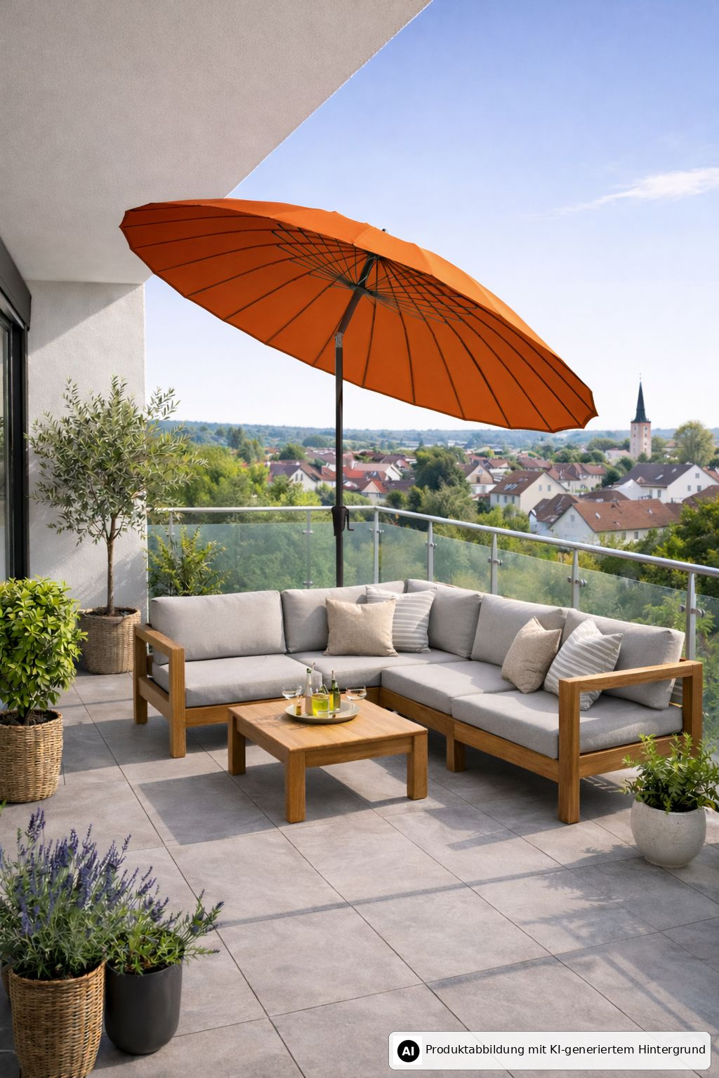 Balkon mit grauem Ecksofa, Holztisch, Pflanzen in Töpfen und einem großen, orangen Sonnenschirm. Stadtblick im Hintergrund.