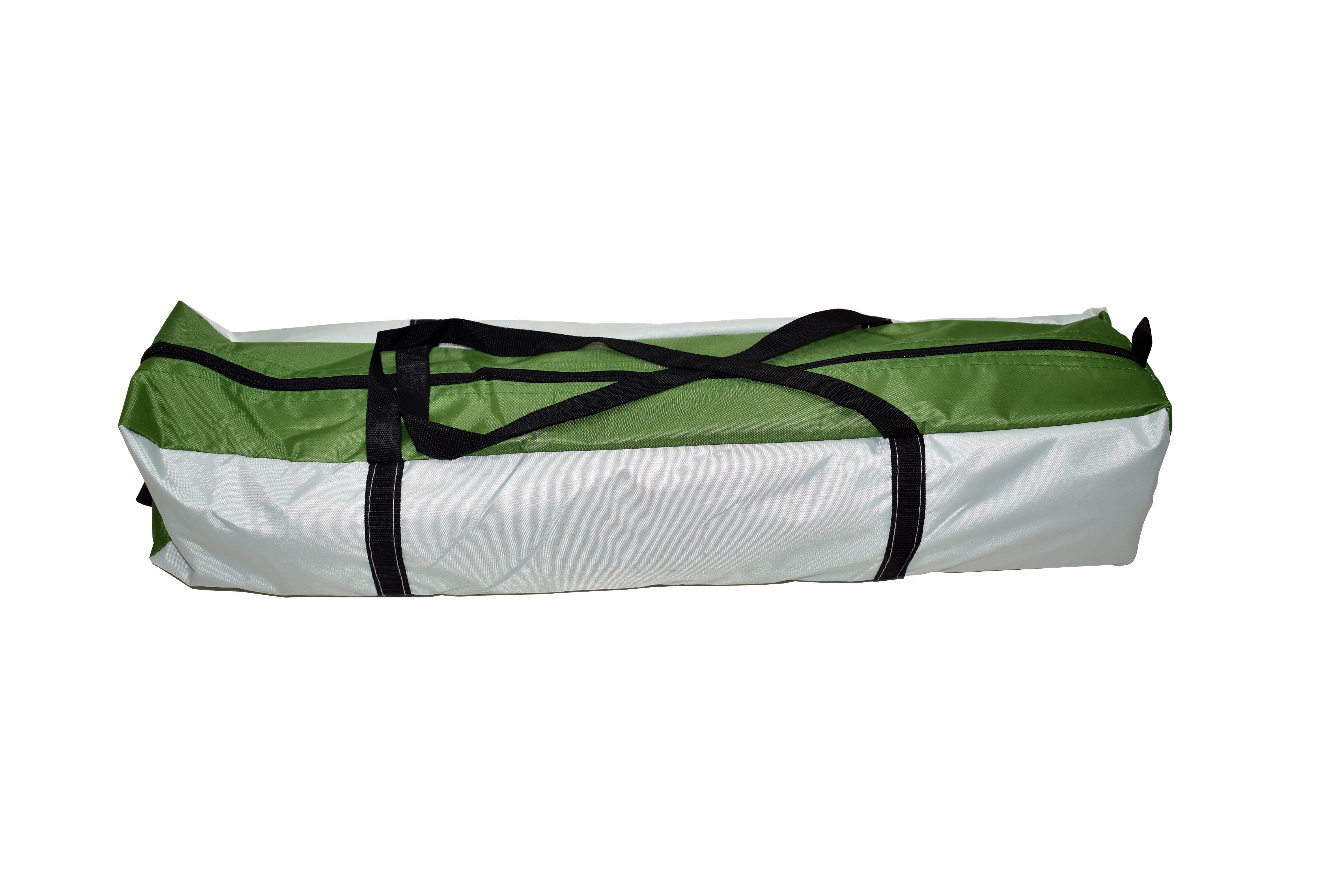Zusammengepackte grün-weiße Transporttasche mit schwarzen Griffen und Reißverschluss.