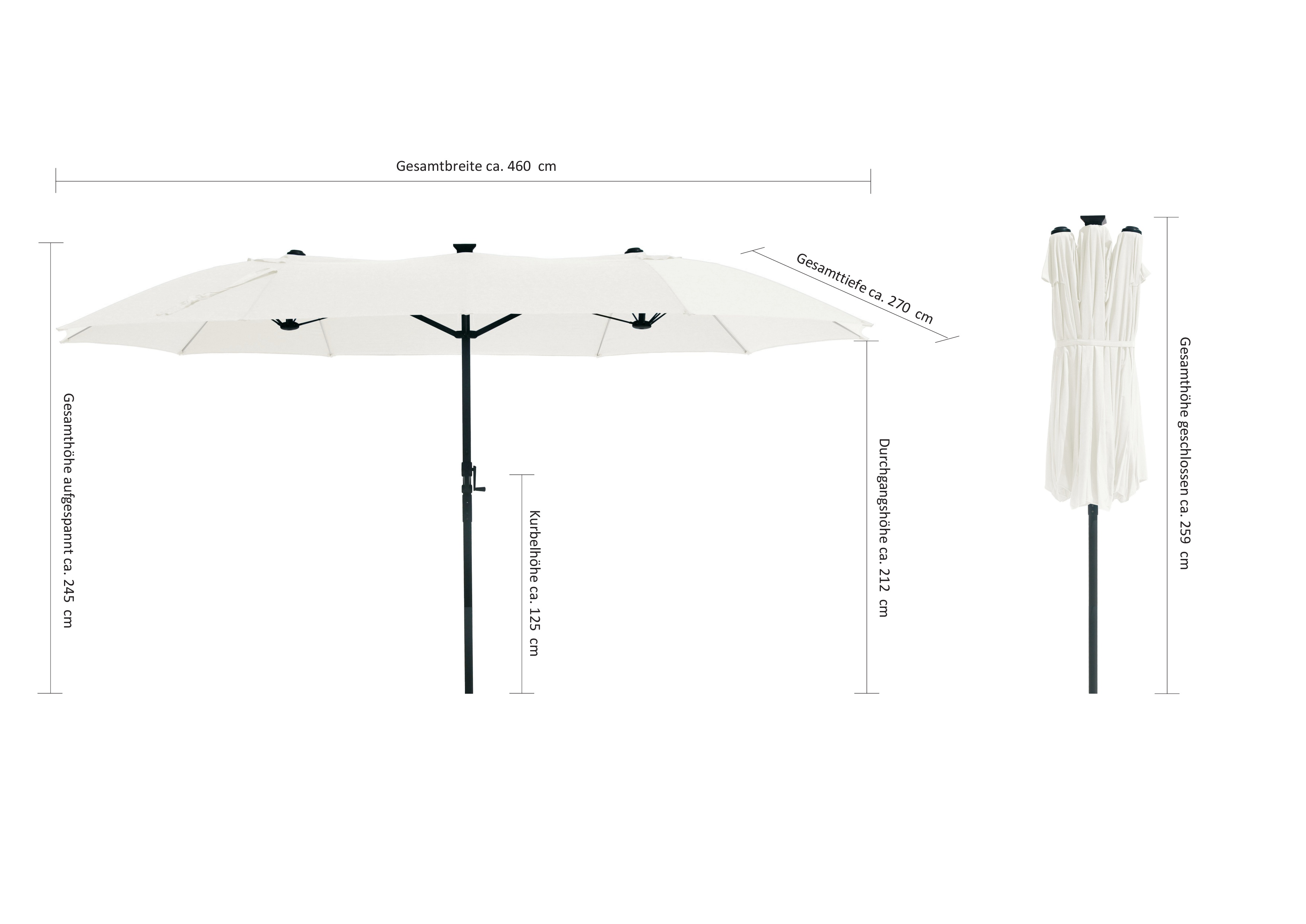 Großer, weißer Sonnenschirm mit Kurbel, offen und geschlossen dargestellt, Maße: 460x270 cm, Höhe offen 245 cm.