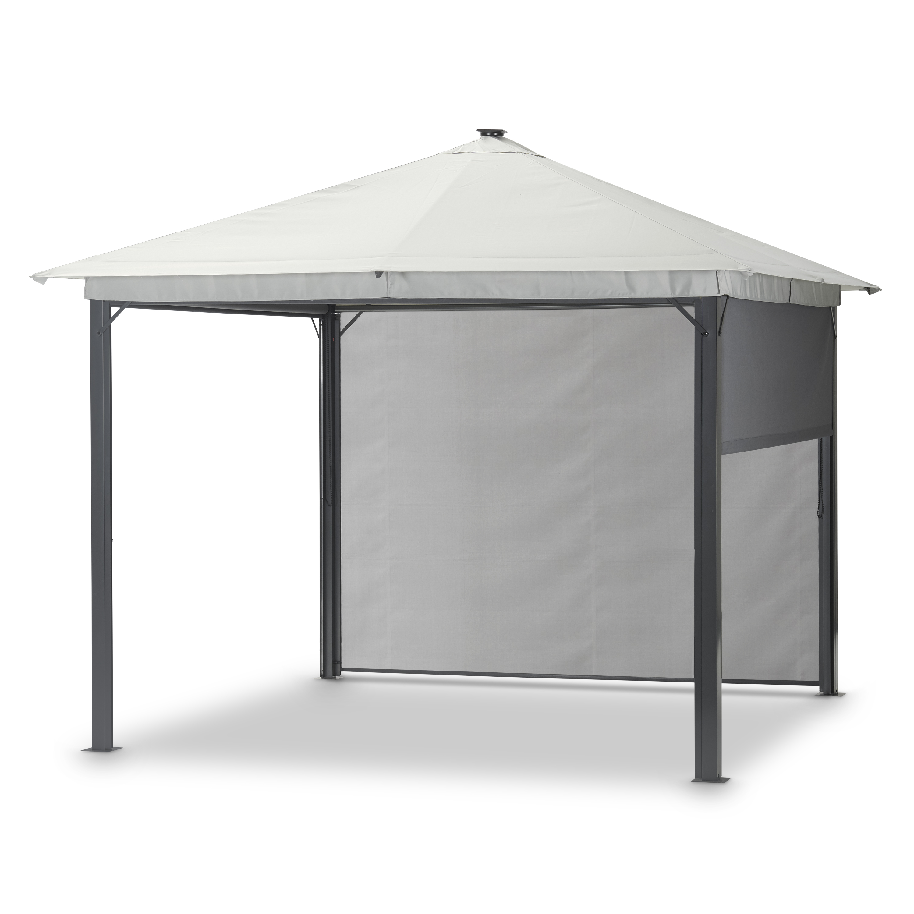Quadratischer Pavillon mit grauem Metallrahmen und weißem Stoffdach.