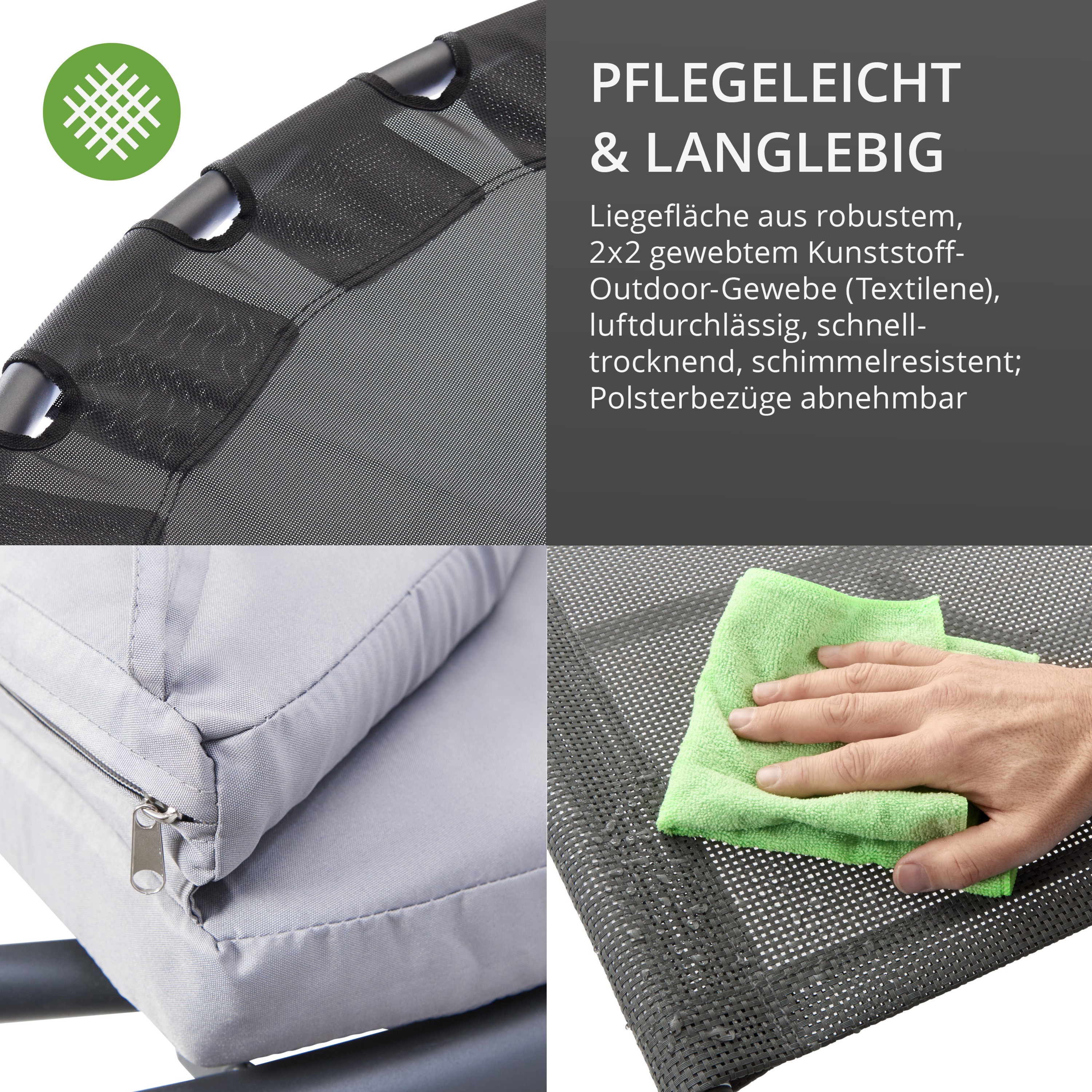 Textilbespannung, pflegeleicht, langlebig; Kissenbezug, Reißverschluss; Hand wischt Textil mit grünem Tuch.