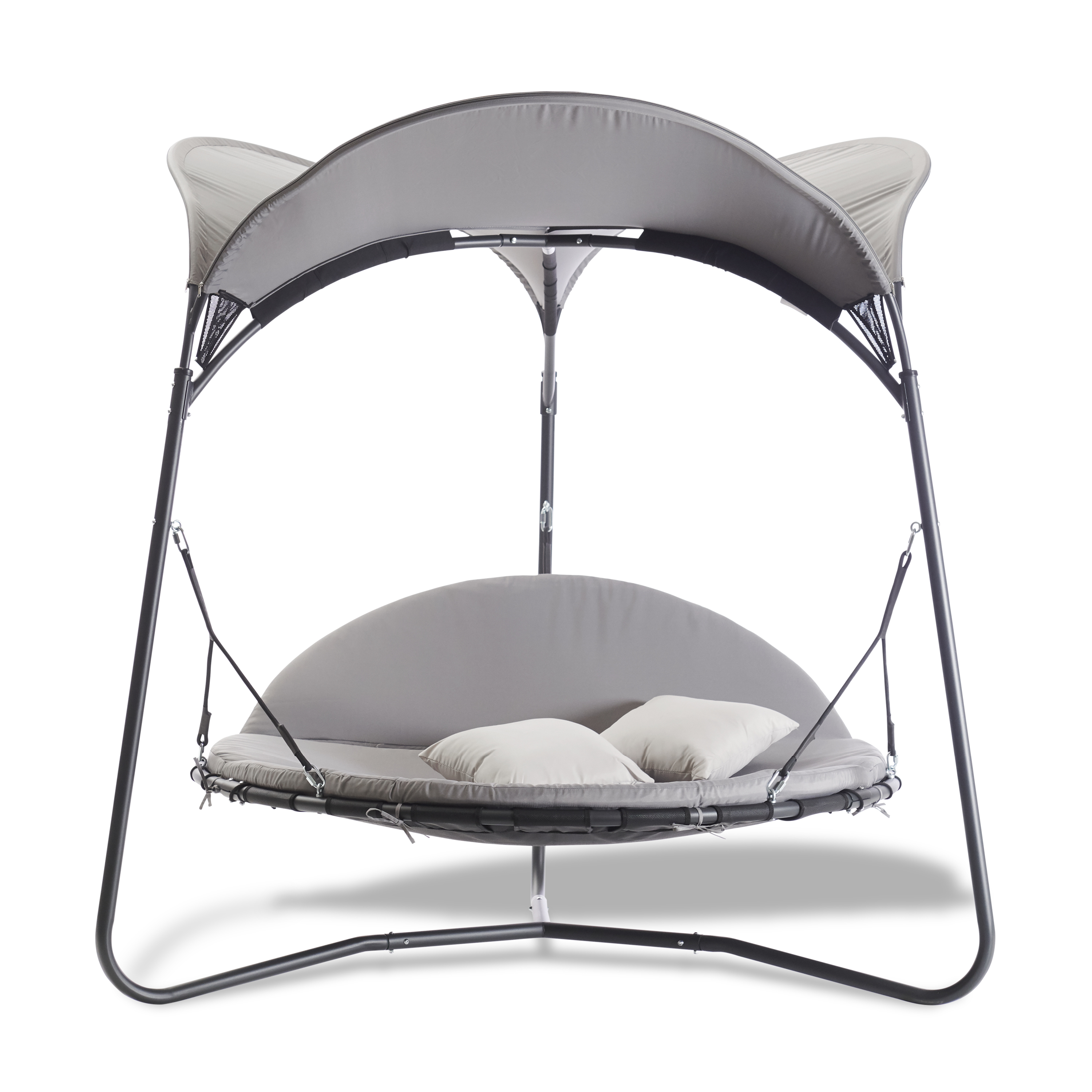 Luxusschaukelbett MAREIKE grau mit Polsterauflage und Kissen Graue Hängeliege mit zwei Kissen, Metallgestell und Sonnenschutz.