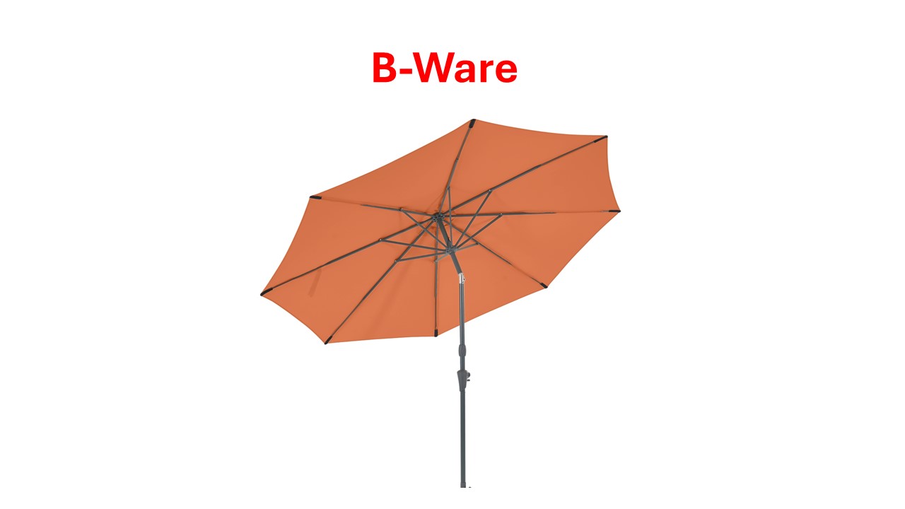 Orangener Sonnenschirm, schwarzer Stiel, roter Text 'B-Ware' oben.