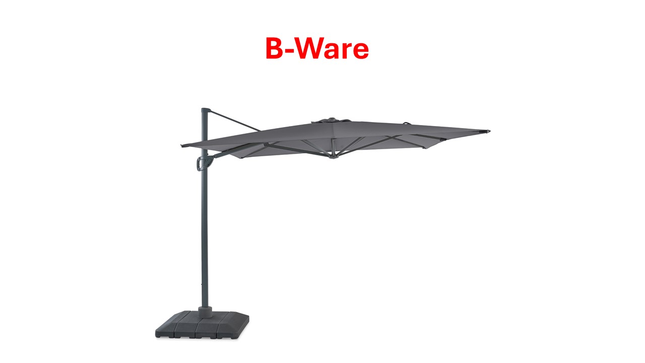 Grauer Ampelschirm mit stabilem Standfuß, als B-Ware gekennzeichnet.