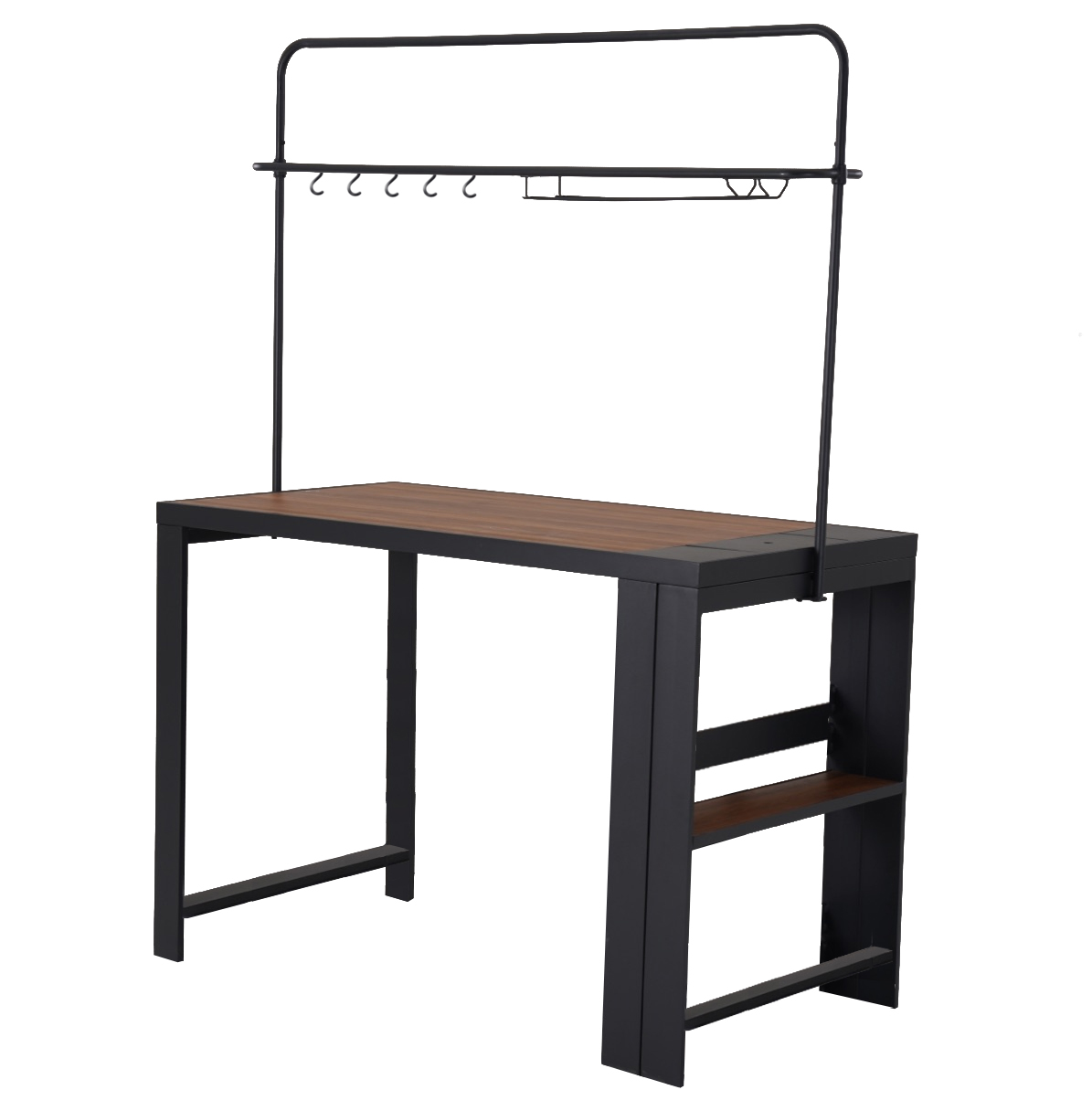 Moderner Schreibtisch mit Aufhängestange und Haken, dunkelbraune Tischplatte, schwarze Metallbeine.