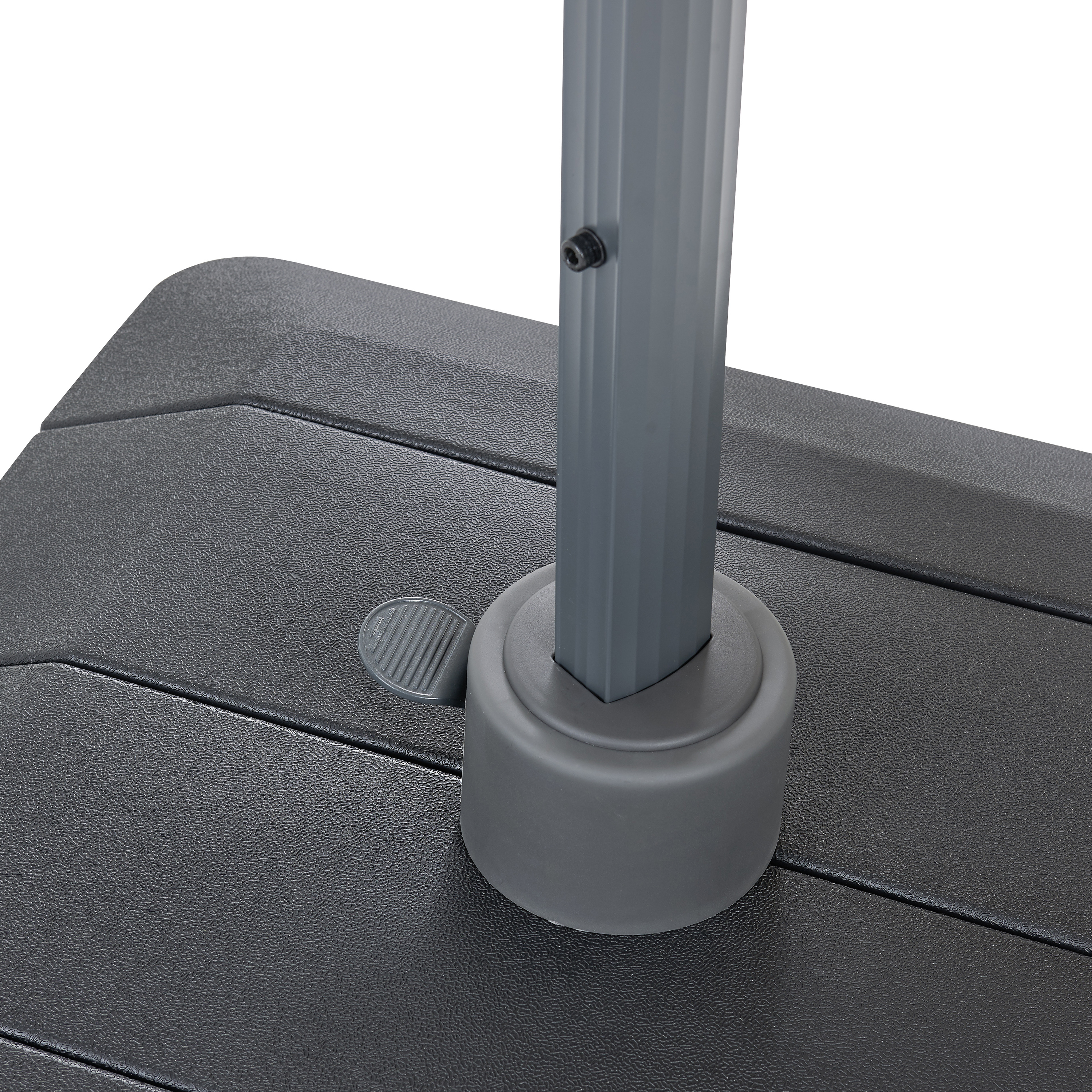 Graue, geriffelte Säule in einem schwarzen Kunststoffständer mit Pedal.