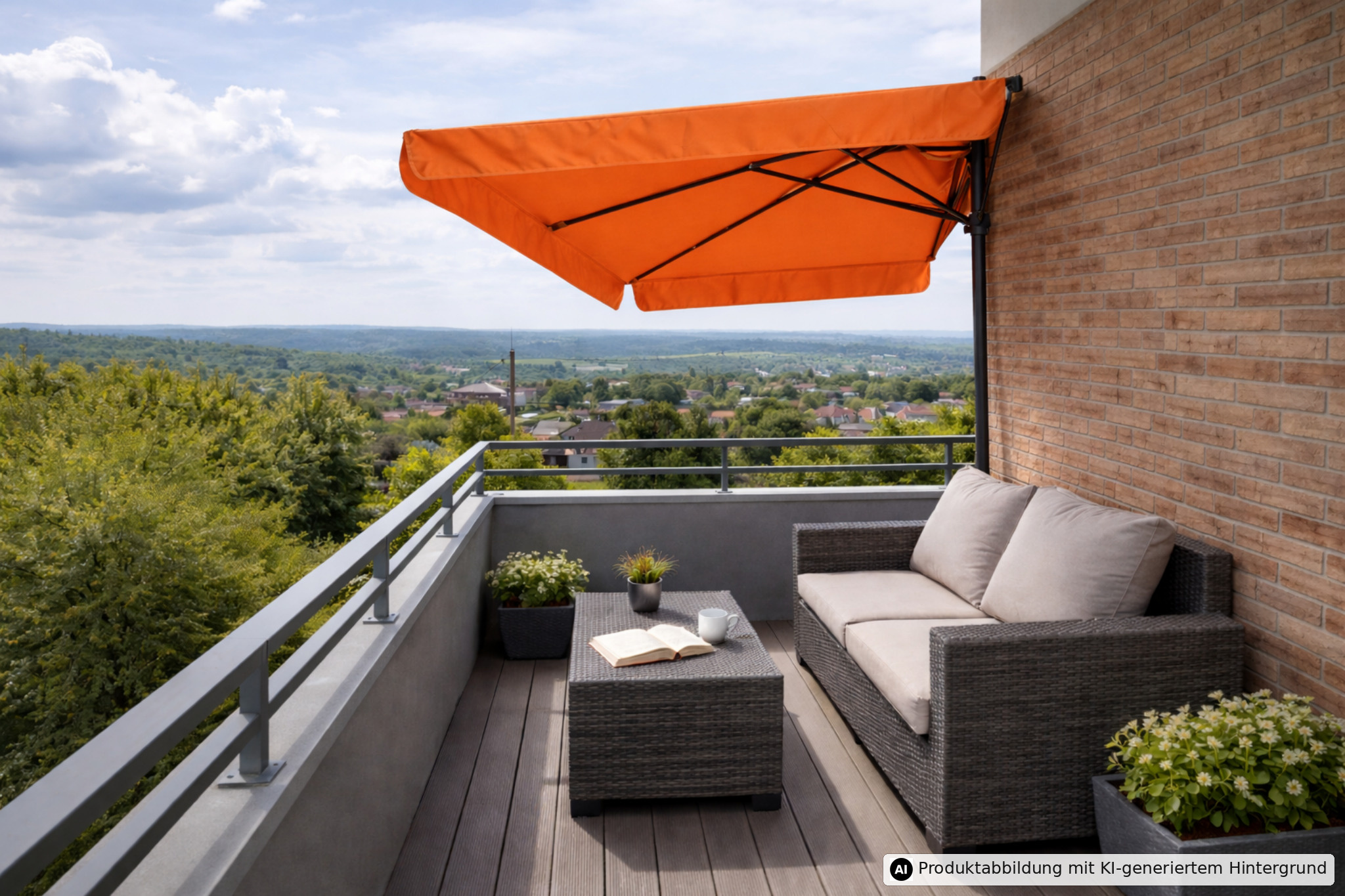 Balkon mit Sofa, Tisch, Pflanze, Buch und Tasse unter orangefarbenem Sonnenschirm, mit Sicht auf Landschaft.