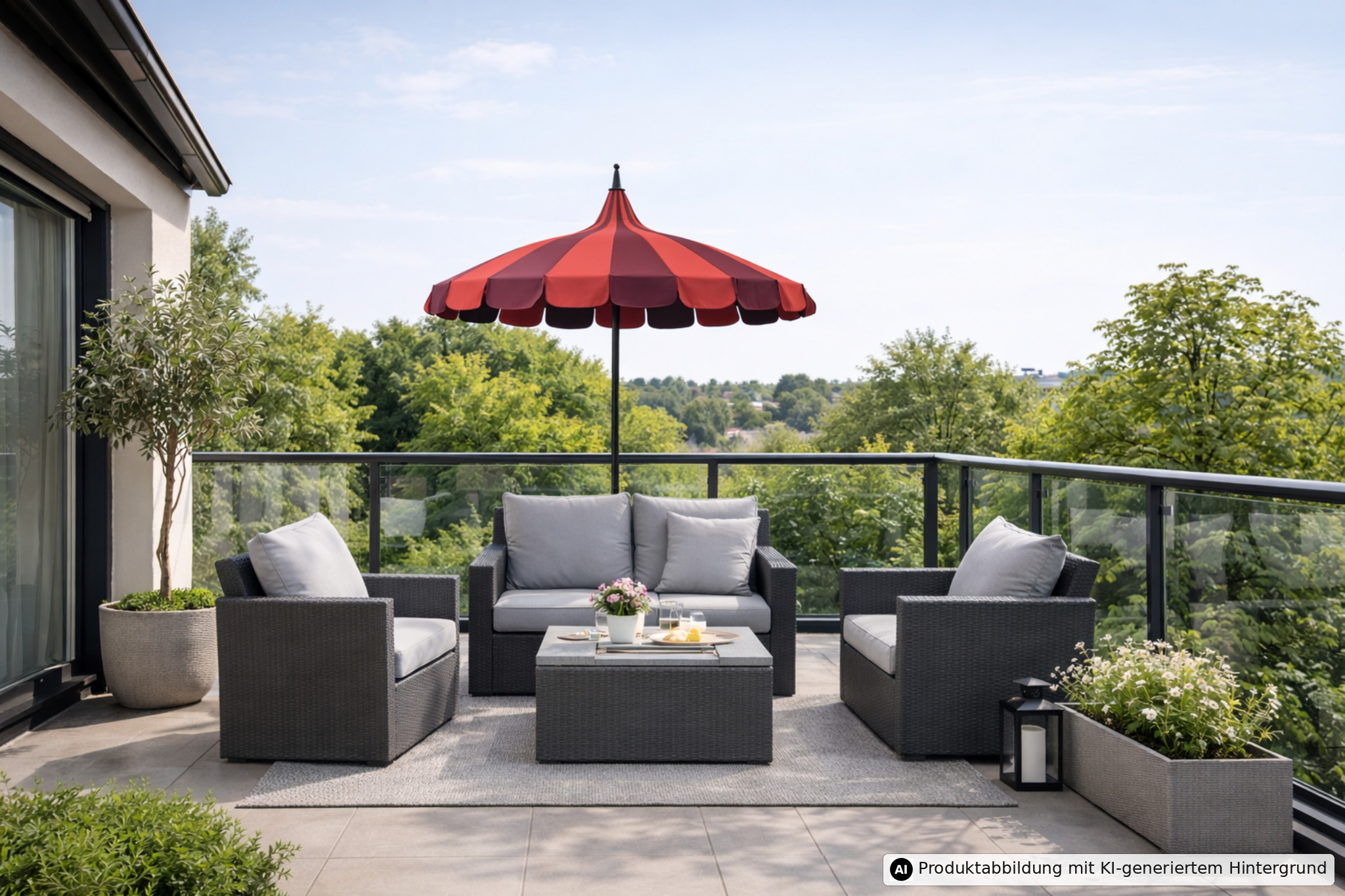 Terrasse mit grauem Sitzmöbel, rotem Sonnenschirm, Pflanzen und Ausblick auf grüne Bäume.