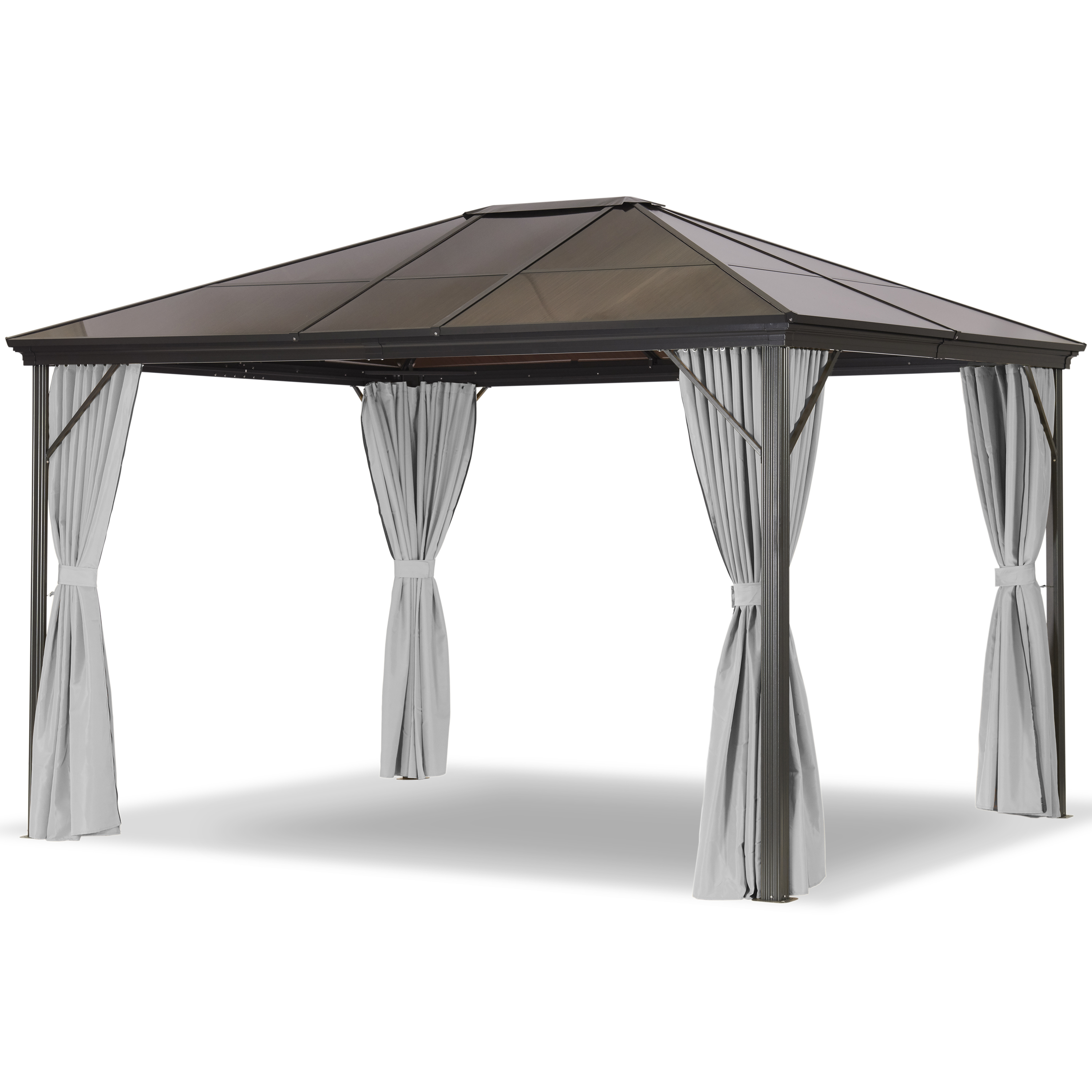 Gartenpavillon mit Metallrahmen und grauem Vorhang, Dach aus durchscheinendem Material. Vier Stützen mit je zwei Vorhängen.