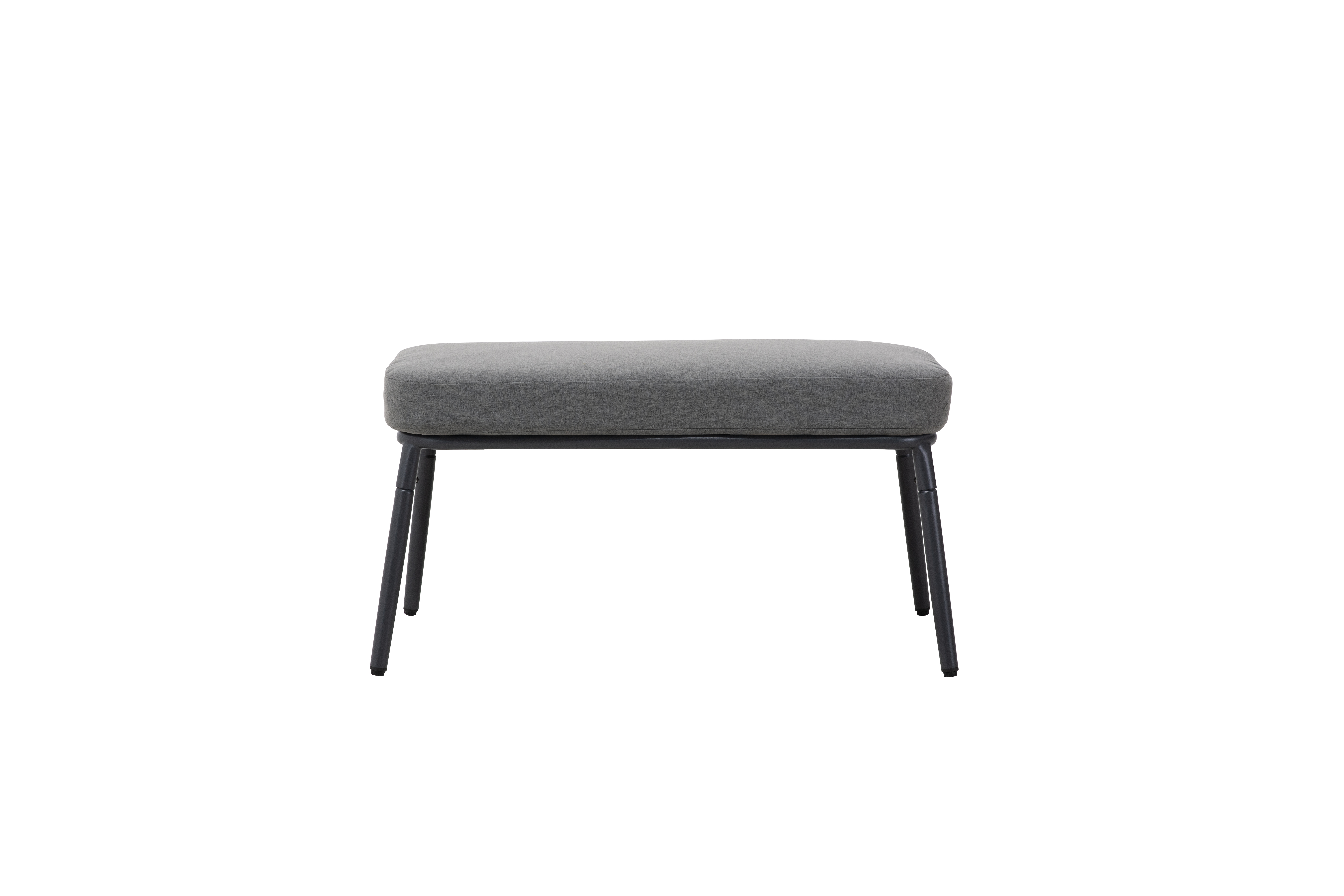 Grauer Hocker mit schwarzem Metallgestell und rechteckiger Sitzfläche aus Stoff.