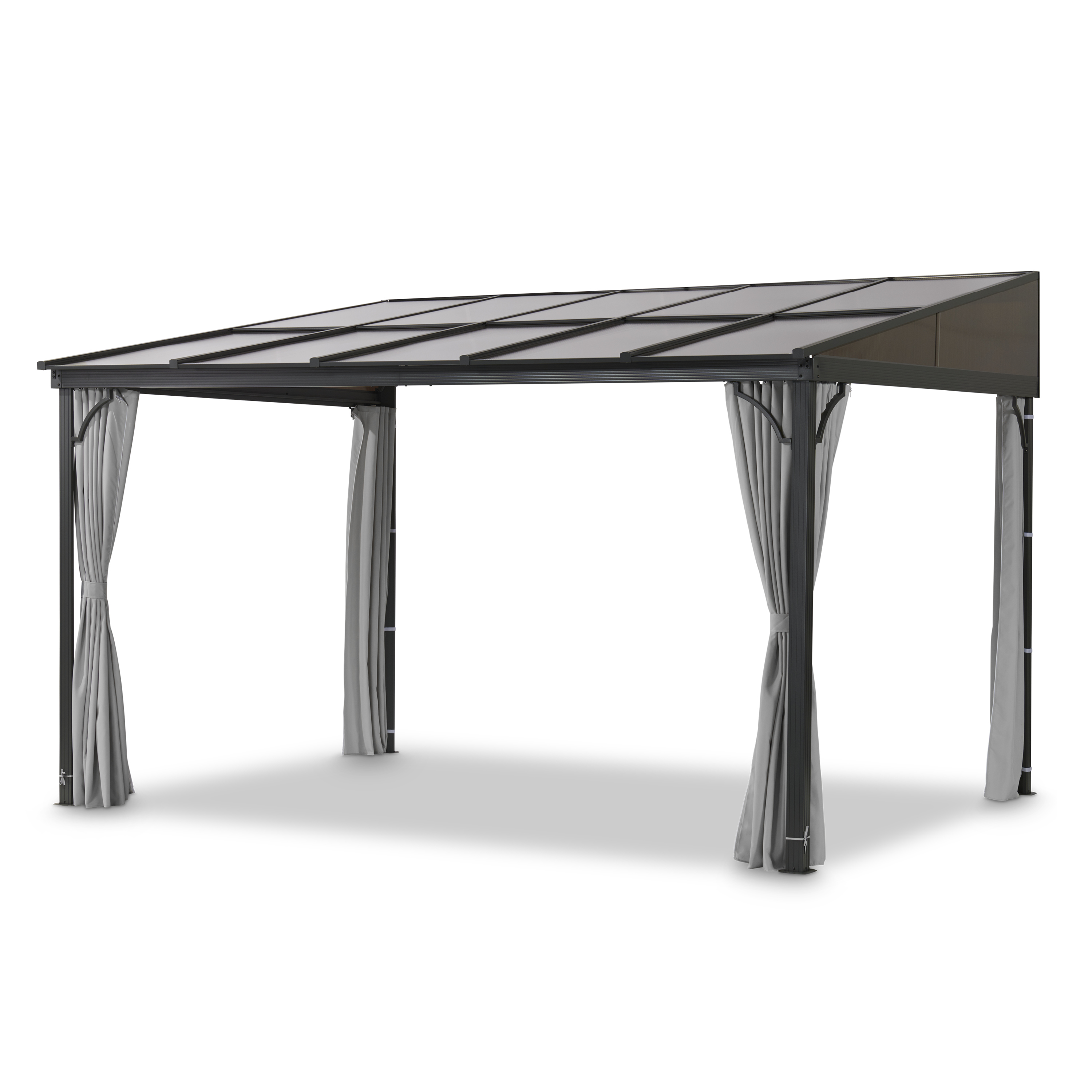 Terrassenüberdachung MELANIE 4x3 m mit Polycarbonat-Dach, Aluminiumgestell Metallpavillon mit Flachdach, vier Stützen und grauen Vorhängen, stehend auf weißem Hintergrund.