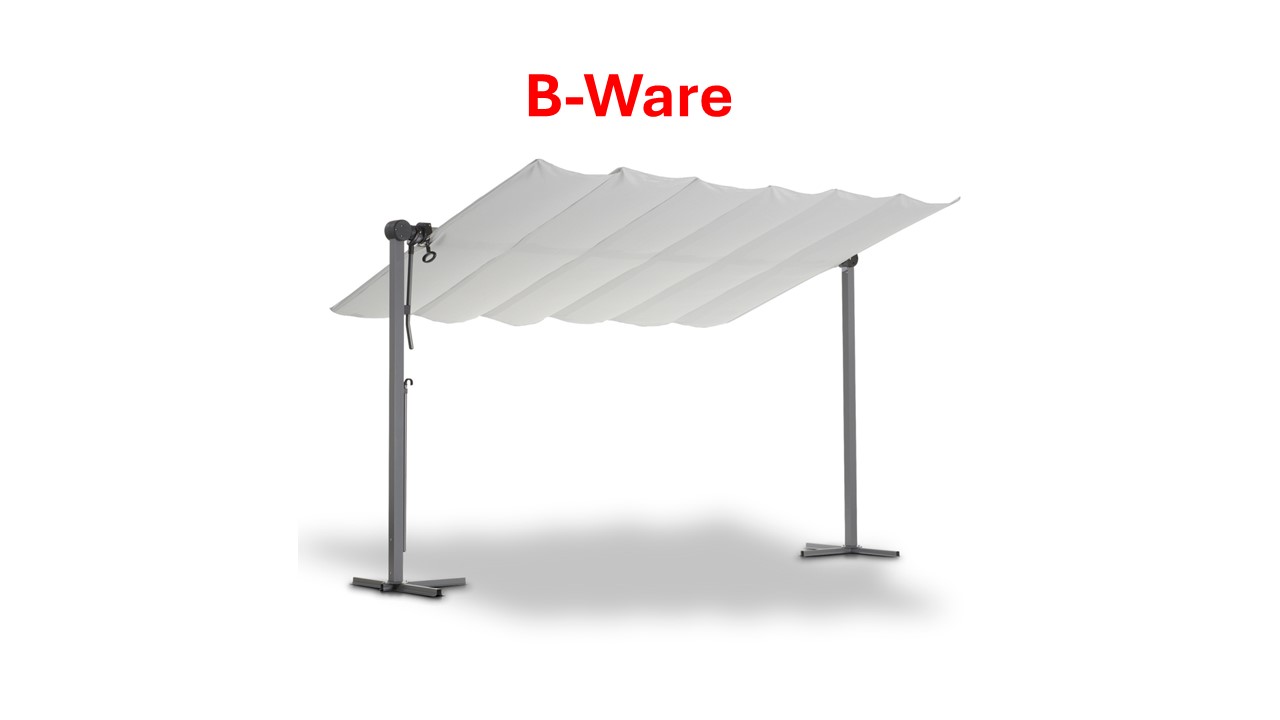 Grau-weißes Sonnendach mit zwei vertikalen Stützen. Text 'B-Ware' in Rot oben.