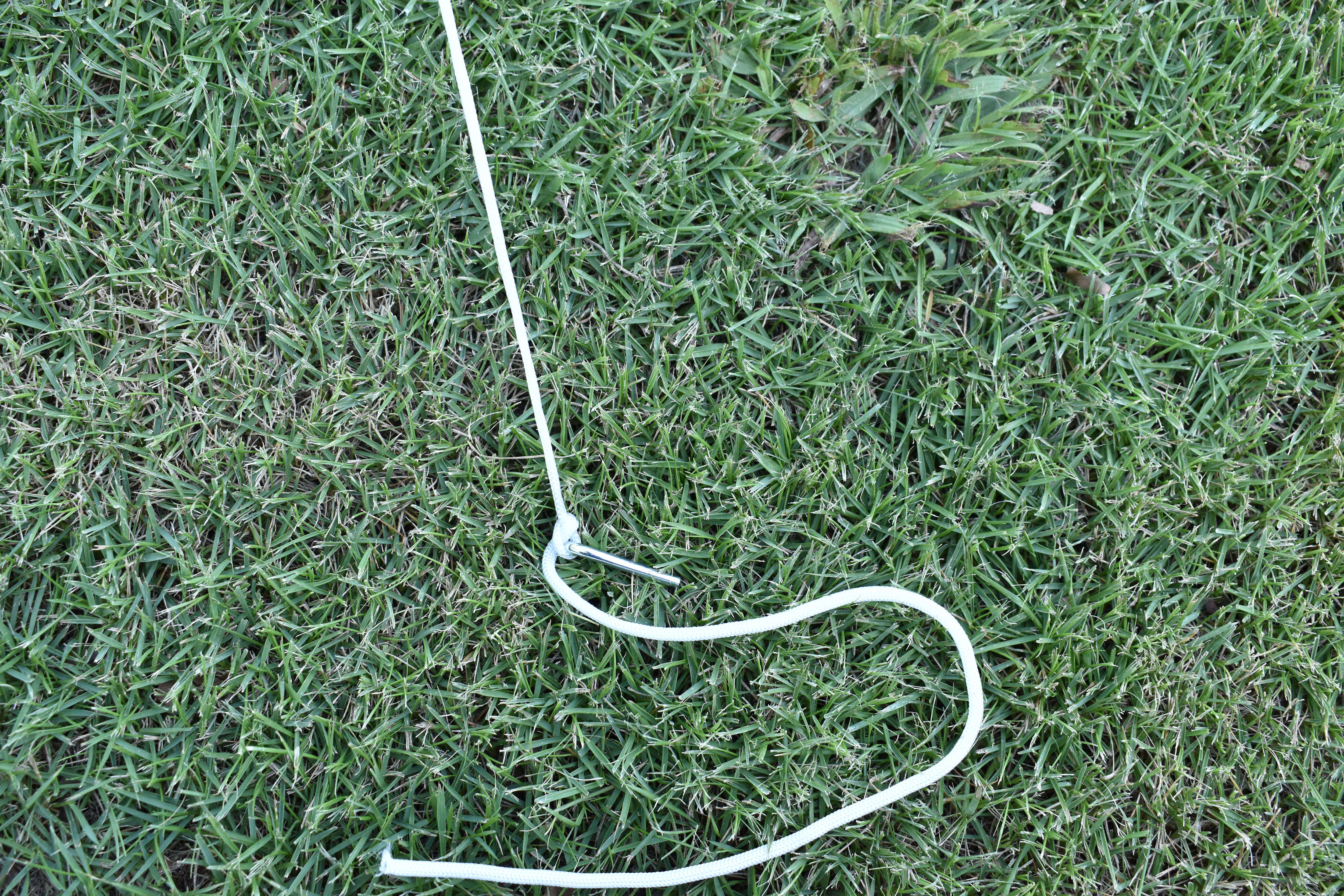 Seil liegt auf Gras, fixiert mit einem Metallhaken.