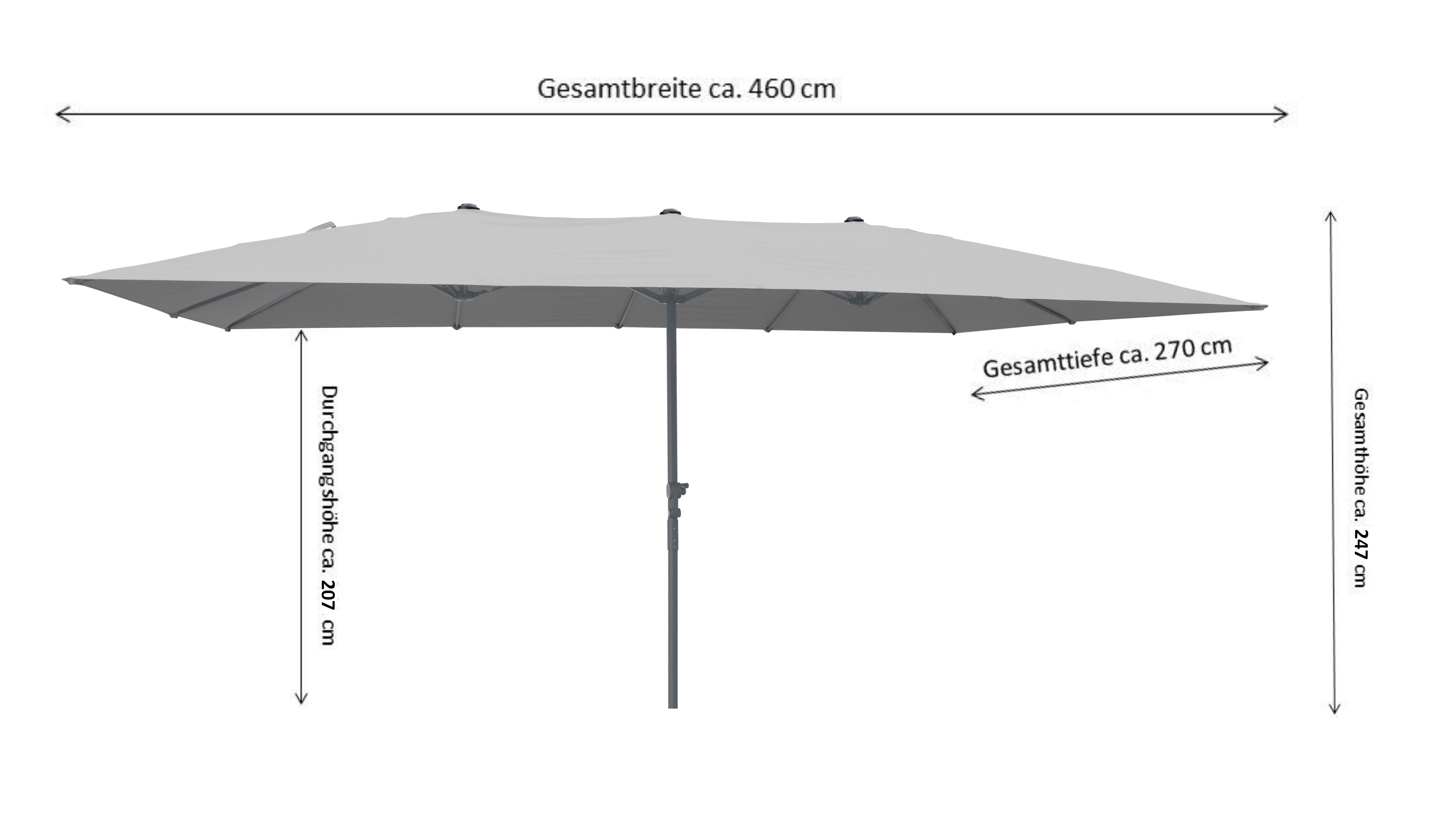 Grauer Sonnenschirm mit Maßen: Breite 460 cm, Tiefe 270 cm, Höhe 247 cm, Durchgangshöhe 207 cm.