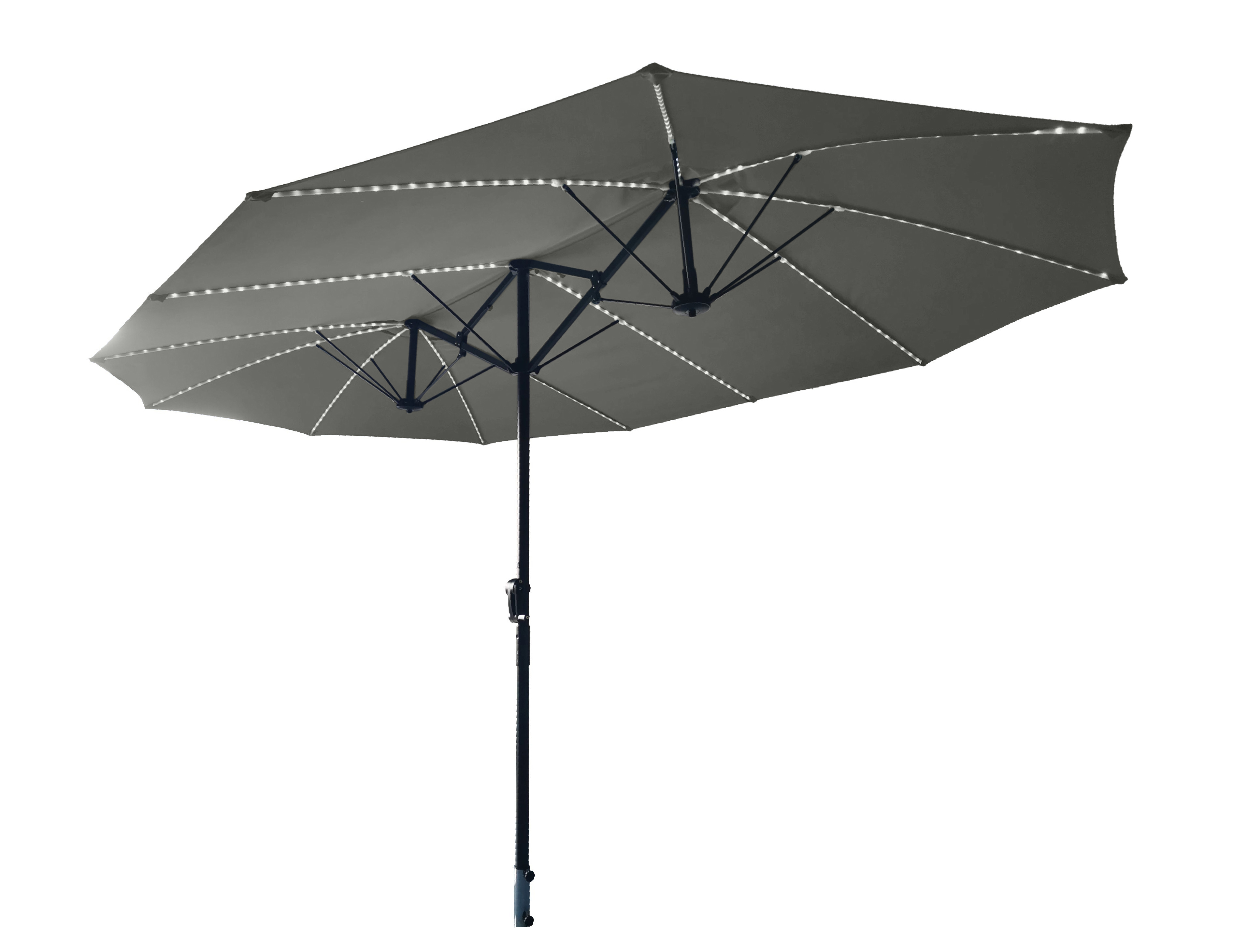 Großer Sonnenschirm mit LED-Leuchten an den Streben, graues Tuch, freistehend, Metallmast.