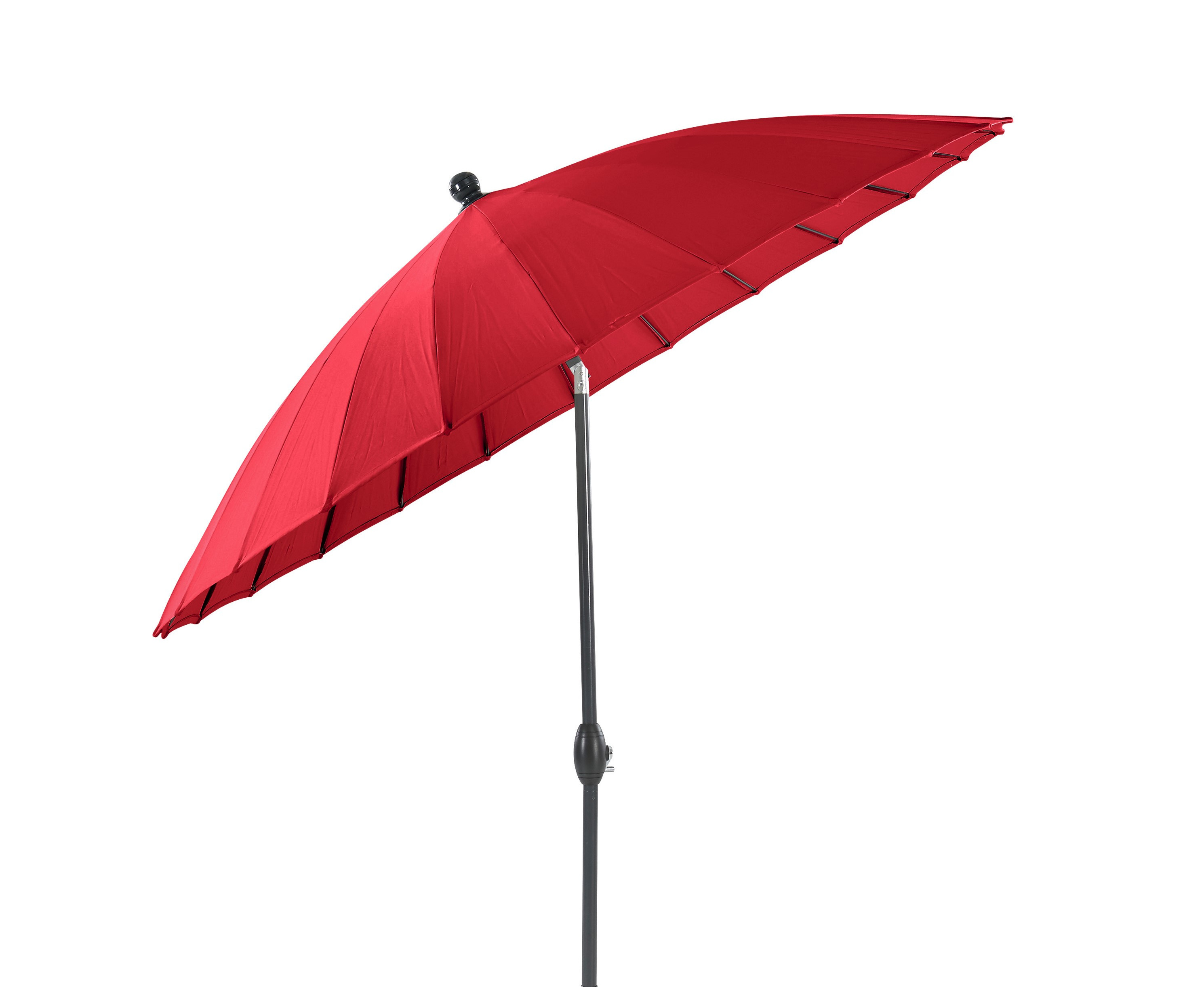 Roter Sonnenschirm mit schwarzem Mast in geschlossener Position.