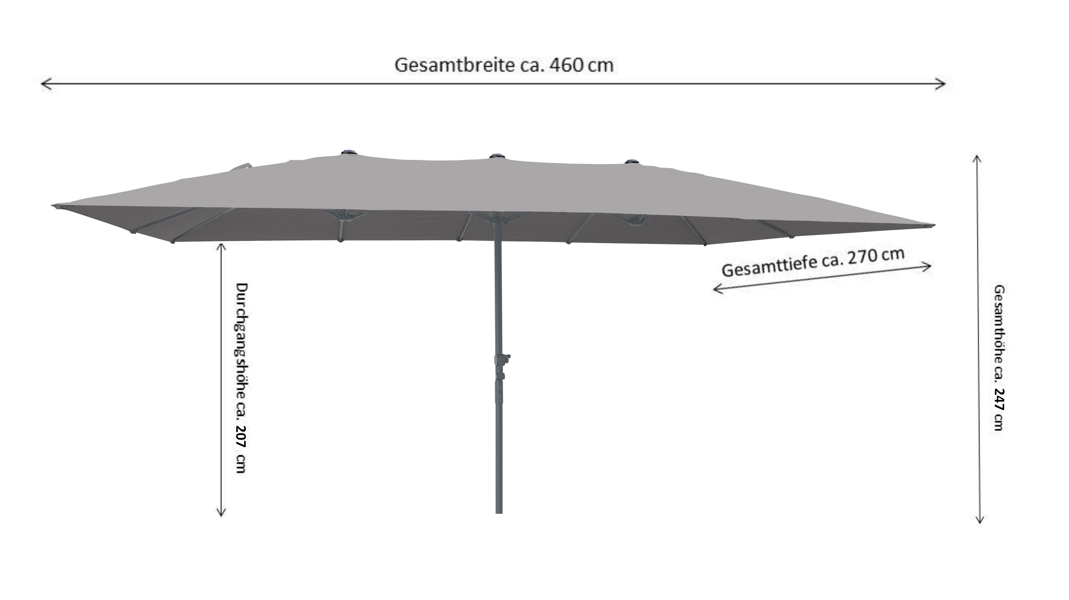 Grau Schirm mit Maßen: Breite 460 cm, Tiefe 270 cm, Höhe 247 cm, Durchgangshöhe 207 cm.