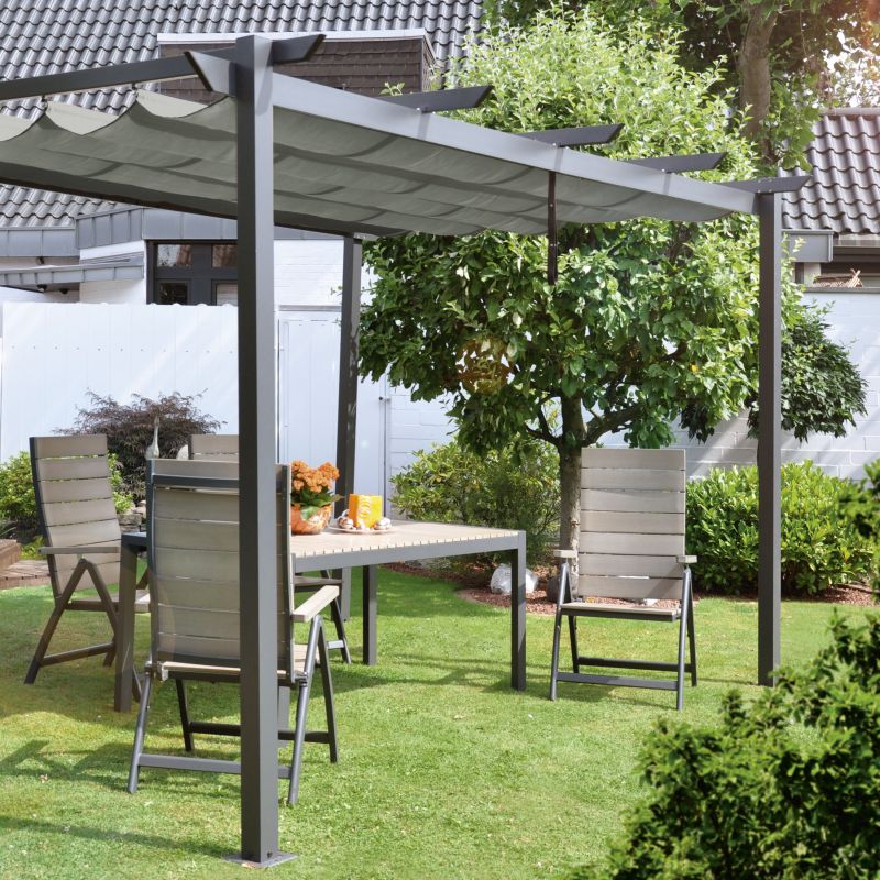 Pergola 4x3 m lichtgrau mit Faltdach, Aluminiumgestell 471430021400